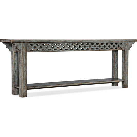 La Grange Burnham Console by Hooker Furniture in blue bonnet. Made from pecky hickory veneers, nailheads, solid-wood edge top in a modern style.