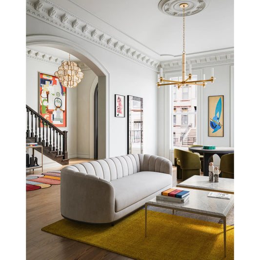 Marcelo Chandelier by Currey and Company in natural, antique brass, white. Made from travertine, metal, glass in a transitional style.