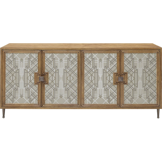 Mid-Century Modern 4 Door Credenza by Pulaski Furniture in honey. Made from rubberwood in a modern style.