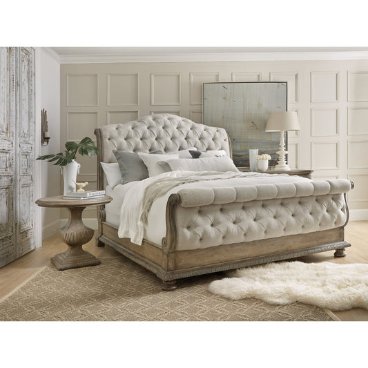 Castella Tufted Bed by Hooker Furniture in beige and antique slate, natural tan. Made from pecan veneers, fabric in a traditional style.