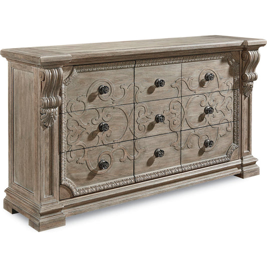 Arch Salvage Wren Dresser by A.R.T. Furniture in brown and parch. Made from parrawood solids, cathedral elm veneers in a traditional style.