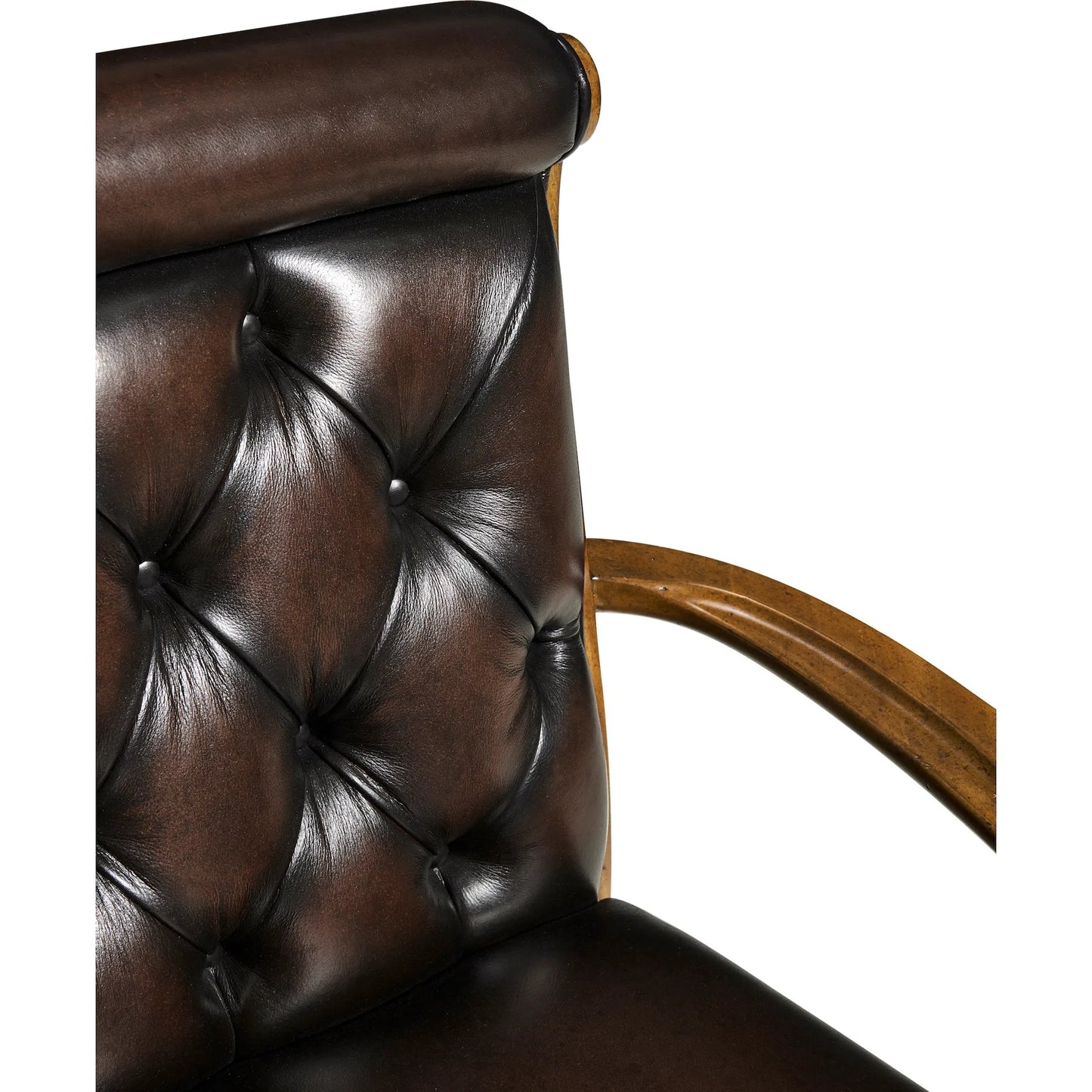 009 SI-2446829 | Closeup | Viceroy Arm Chair by Jonathan Charles in viceroy brown santos. Made from local mahogany, leather, brass in a unique style.