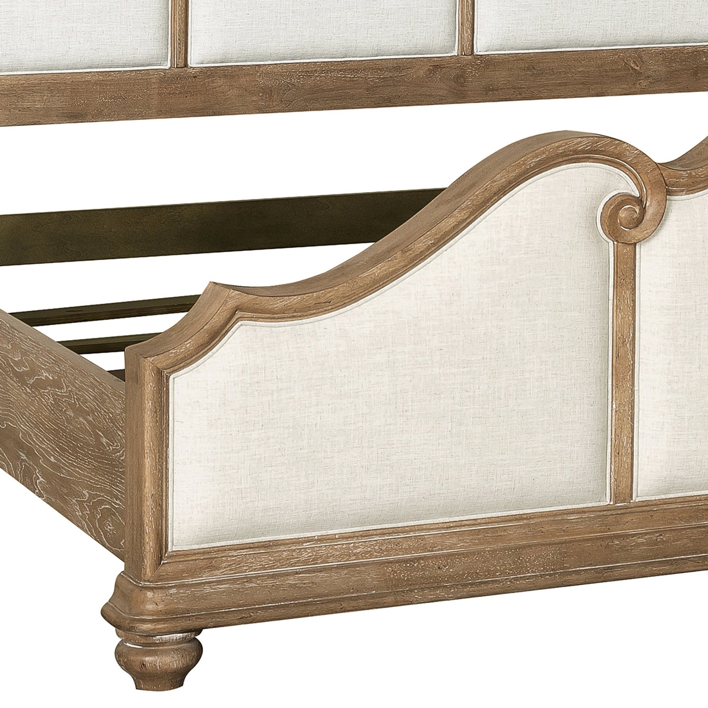006 SI-2155686,SI-2155687 | Closeup | Weston Hills Upholstered Bed by Pulaski Furniture in flax seed. Made from hardwood solids, hickory veneers in a traditional style.