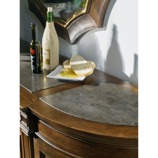 Archivist Sideboard by Hooker Furniture in pecan. Made from pecky pecan veneers, blue stone in a traditional style.