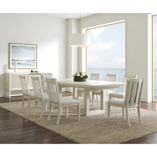Cotiere Extension Dining Table by A.R.T. Furniture in linen. Made from parawood solids, mixed split cathedral, quarter white oak veneers, fabric in a transitional style.