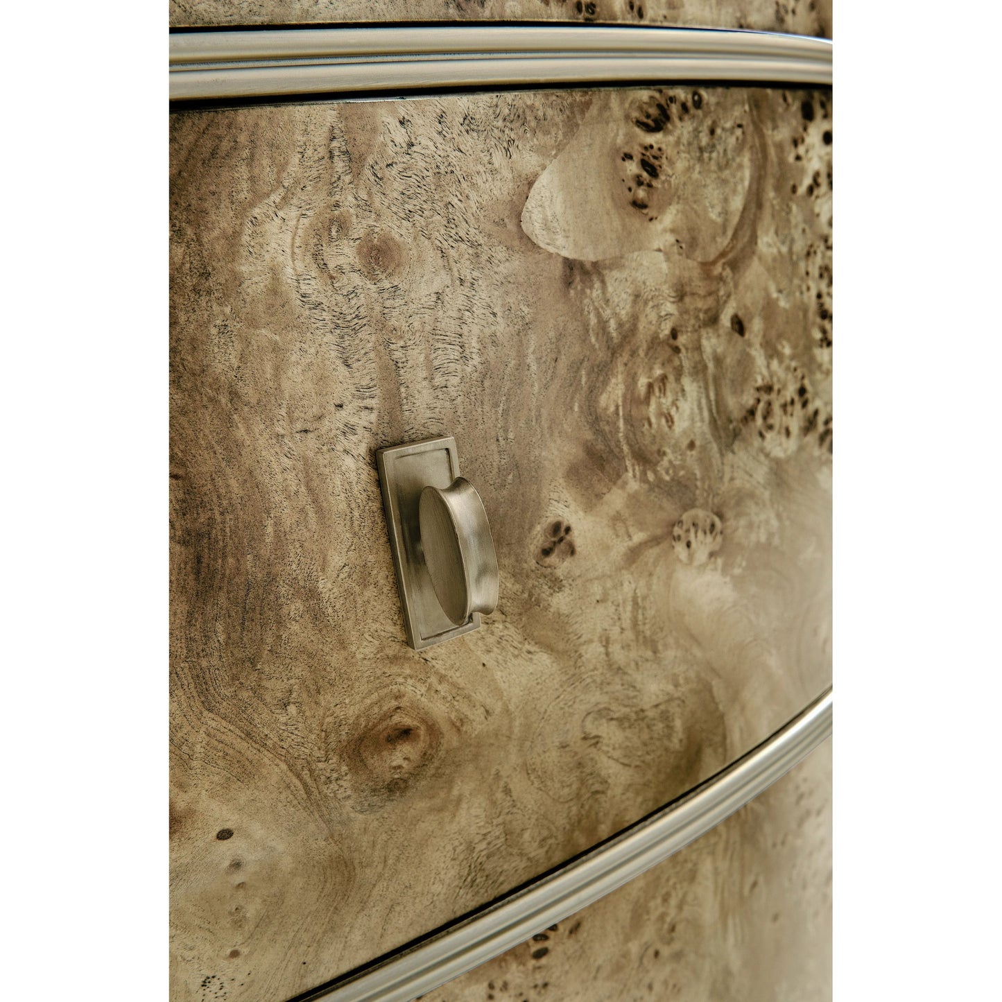 003 SI-2186374 | Closeup | Reimagined Fulgurite Mappa Burl Demilune by Jonathan Charles in golden amber. Made from mappa burl veneer, brass hardware in a modern style.