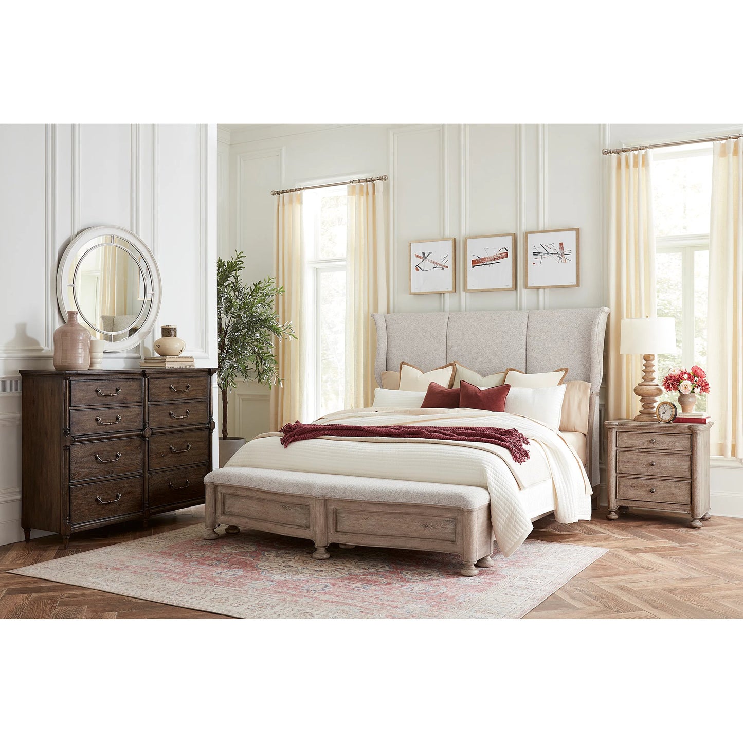 004 SI-2222963 | Lifestyle | Higgins Street 3-Drawer Nightstand with USB-C ports by Pulaski Furniture in brown and woodland stone. Made from unique in a unique style.