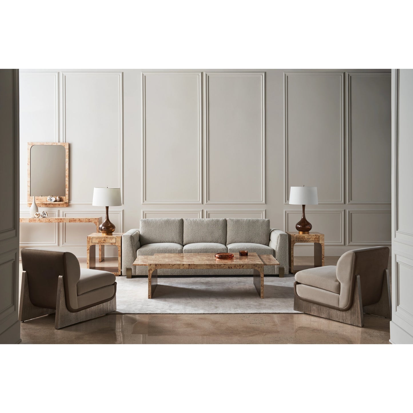 008 SI-2096016 | Lifestyle | Counter Balance Sofa by Caracole in oatmeal and champagne gold. Made from metal in a modern style.