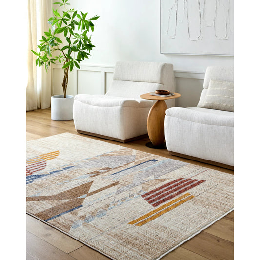 Usonia Rug - 500399 by Livabliss in white, gray, brown, ice blue, burnt orange. Made from face: 100% polyester, warp: 100% cotton in a unique style.