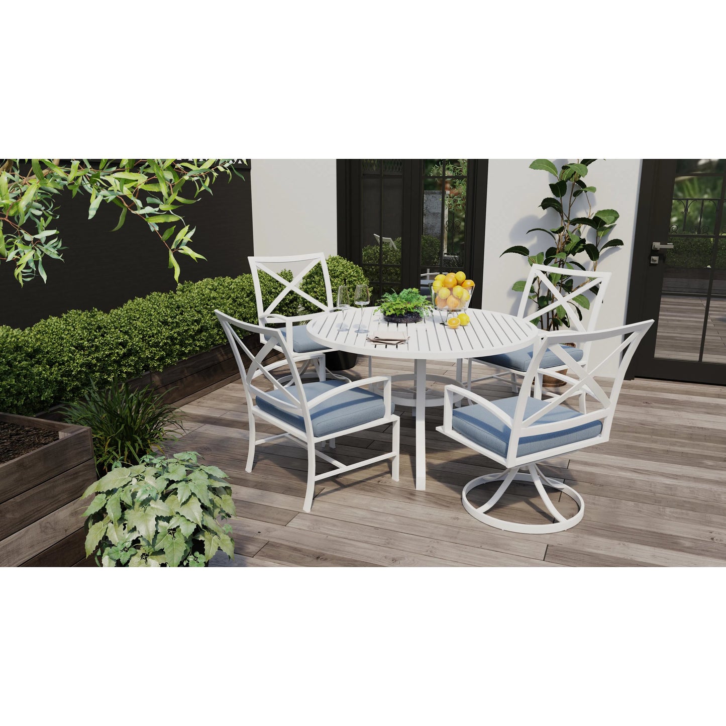 004 SI-2167190 | Lifestyle | Bristol Outdoor Dining Chair in Canvas Flax w/ Self Welt by Sunset West in white. Made from aluminum in a modern style.