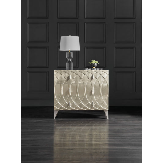Melange Mathilda Three Drawer Chest by Hooker Furniture in silver. Made from german silver foil with mango wood in a transitional style.