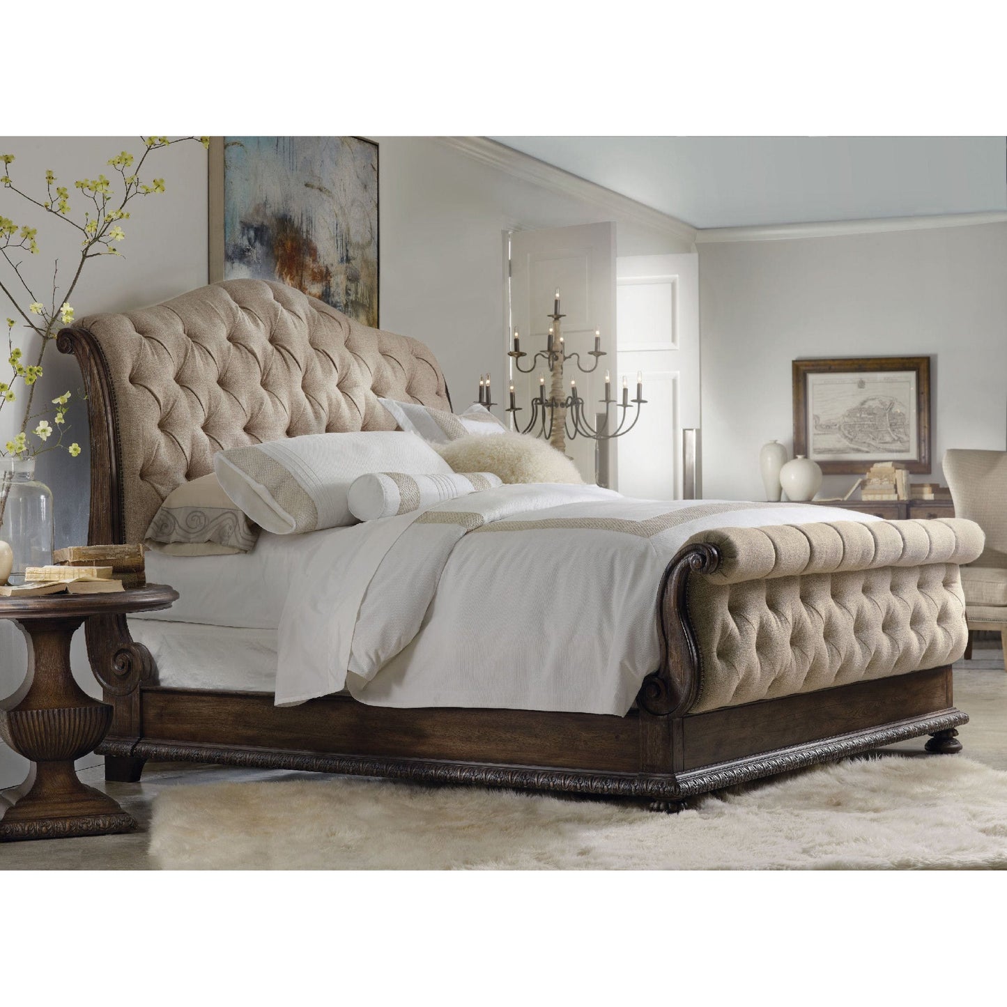 004 SI-1749473,SI-1749475 | Lifestyle | Rhapsody Tufted Bed by Hooker Furniture in beige and rustic walnut, aurora ecru. Made from fabric, resin in a traditional style.