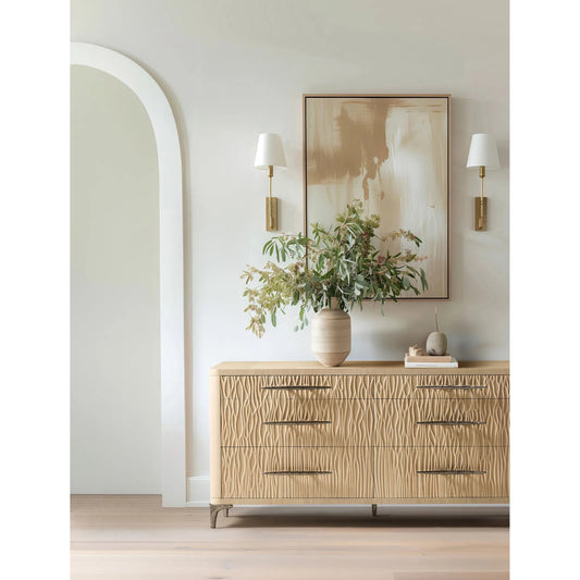 Undercurrent Dresser by Jonathan Charles in beige and natural dyed koto. Made from koto veneer, oak, oak veneer, fabric, stainless steel, sycamore solid wood in a transitional style.