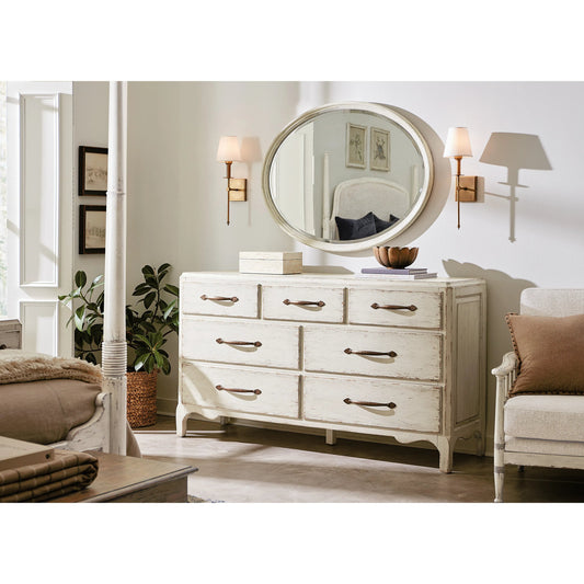 Americana 7-Drawer Dresser by Hooker Furniture in cream and worn white finish. Made from oak veneers and cedar veneers with solid-wood edge top in a cottage & farmhouse style.