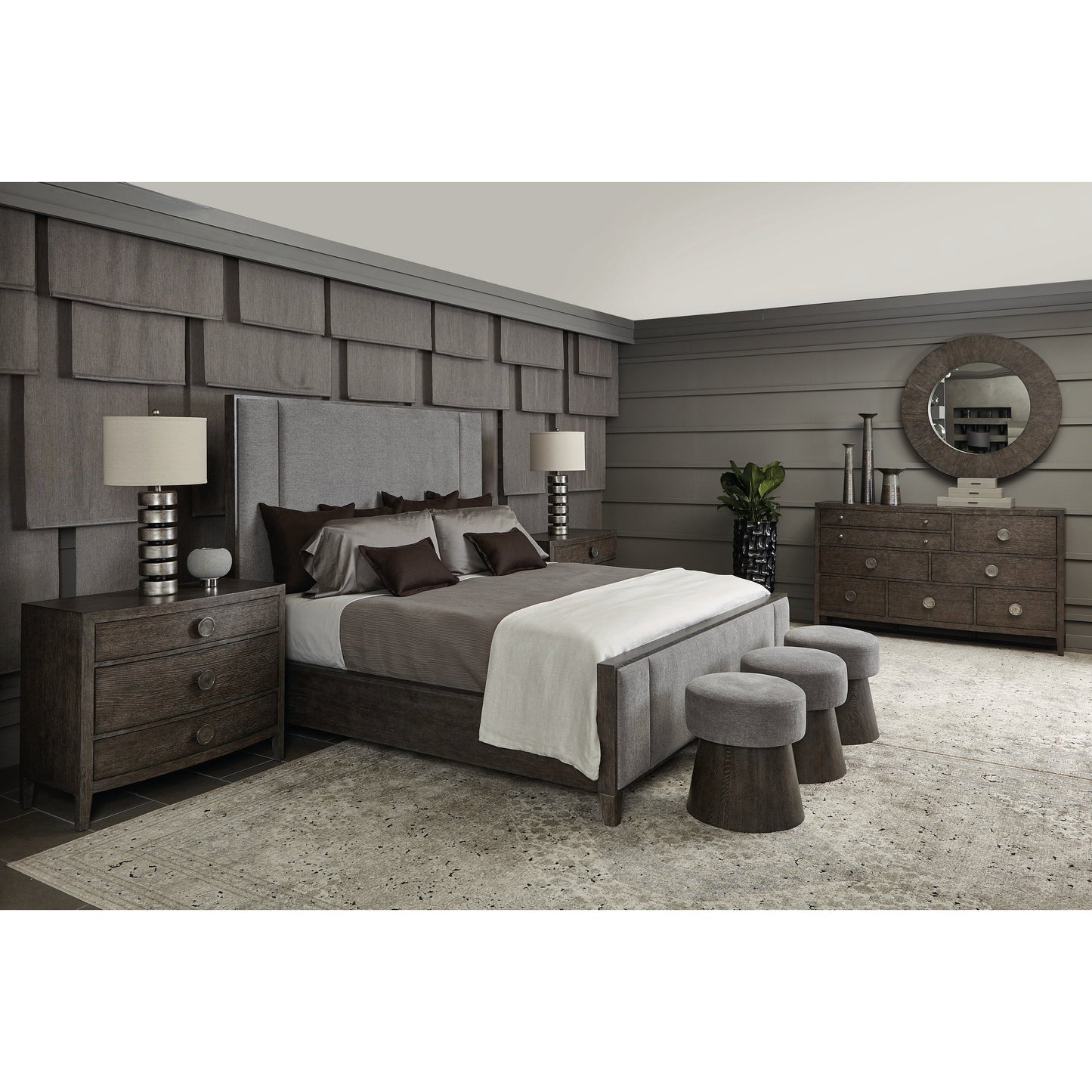 006 SI-1711405 | Lifestyle | Linea Round Bench by Bernhardt. Made from white oak veneers, fabric in a unique style.