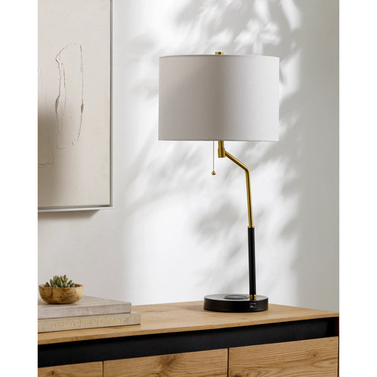 Uzes Accent Table Lamp - 532368 by Livabliss in body: black, base: black, shade: white, finial: metallic - brass, harp: metallic - brass, cord: translucent and paintedpaintedplated. Made from iron, linen, polystyrene in a moder