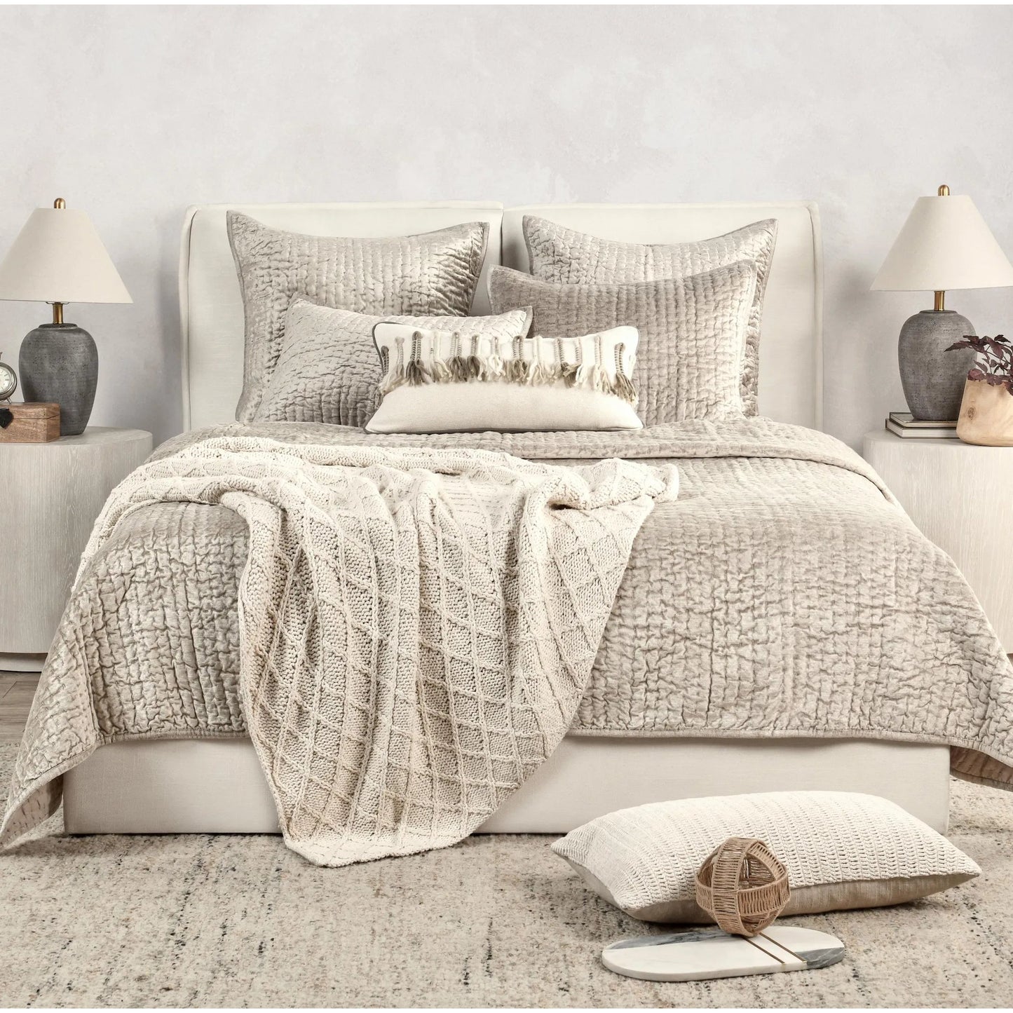 023 SI-2355314 | Lifestyle | Dimitry Velvet Fabric Quilt by Villa by Classic Home. Made from front: 100% rayon velvet, back: 100% solid cotton sateen back in a modern style.