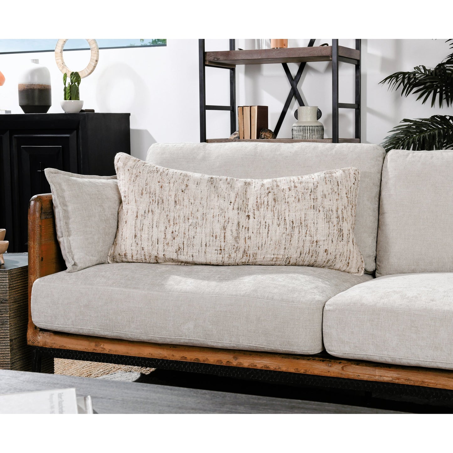 004 SI-2162487 | Lifestyle | Tavi Throw Pillow by Villa by Classic Home in distressed natural. Made from 40% linen, 40% cotton, 20% silk in a modern style.