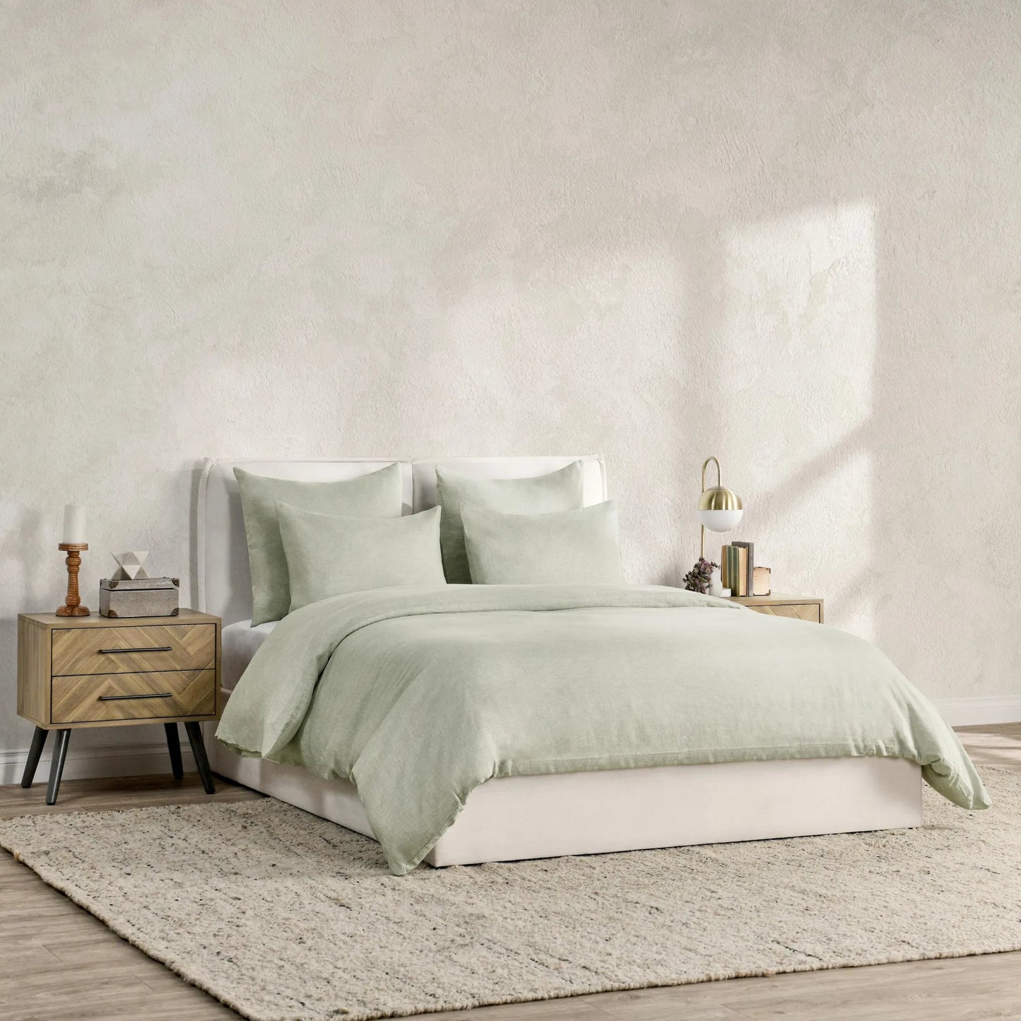 008 SI-2256380 | Lifestyle | Jayson Sagebrush Linen Cashmere Duvet by Villa by Classic Home in sage. Made from 70% linen, 25% cotton, 5% cashmere in a transitional style.