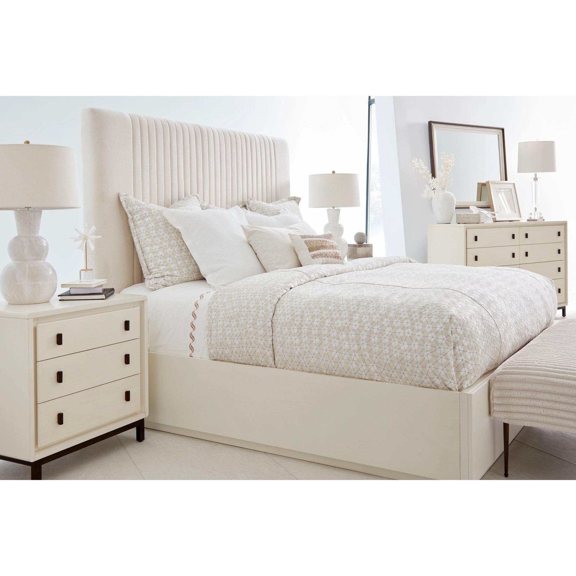 Blanc Upholstered Panel Bed by A.R.T. Furniture in alabaster. Made from parawood solids, maple veneers, foam, fabric in a modern style.