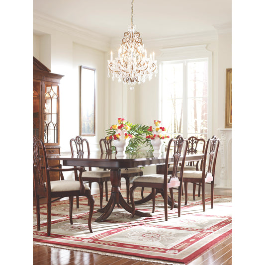Buckingham Regency Crotch Mahogany Extending Dining Table by Jonathan Charles in brown and medium antique mahogany. Made from acacia in a traditional style.