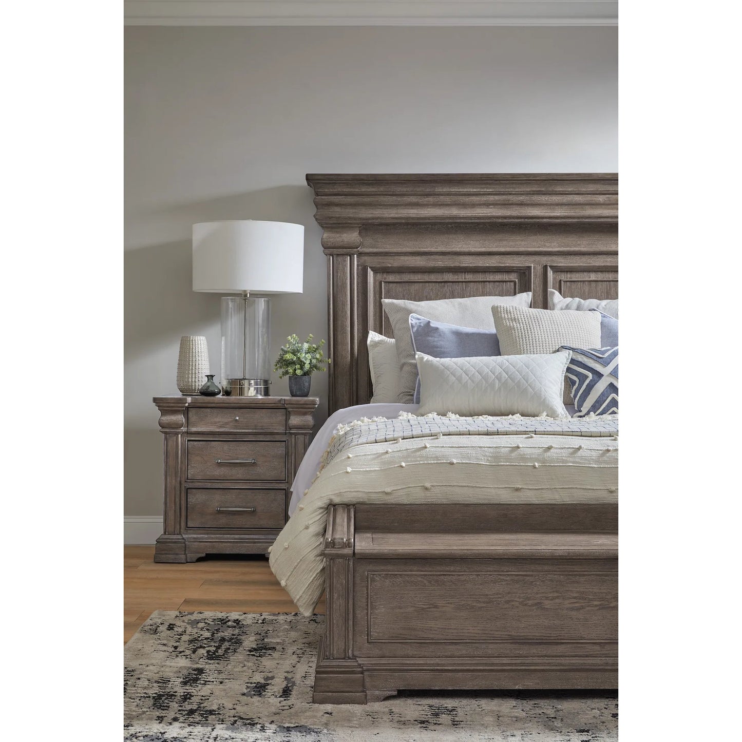 008 SI-2383584 | Lifestyle | Madison Ridge 3 Drawer Nightstand by Pulaski Furniture in natural bark. Made from flat-cut white oak wood veneers in a unique style.