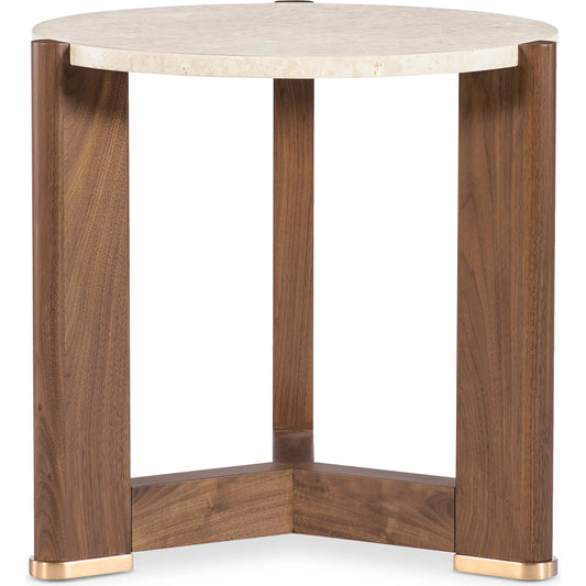 Eleana Round End Table by Hooker Furniture in light caramel, quartered walnut veneers, marble. Made from walnut veneers, marble in a modern style.
