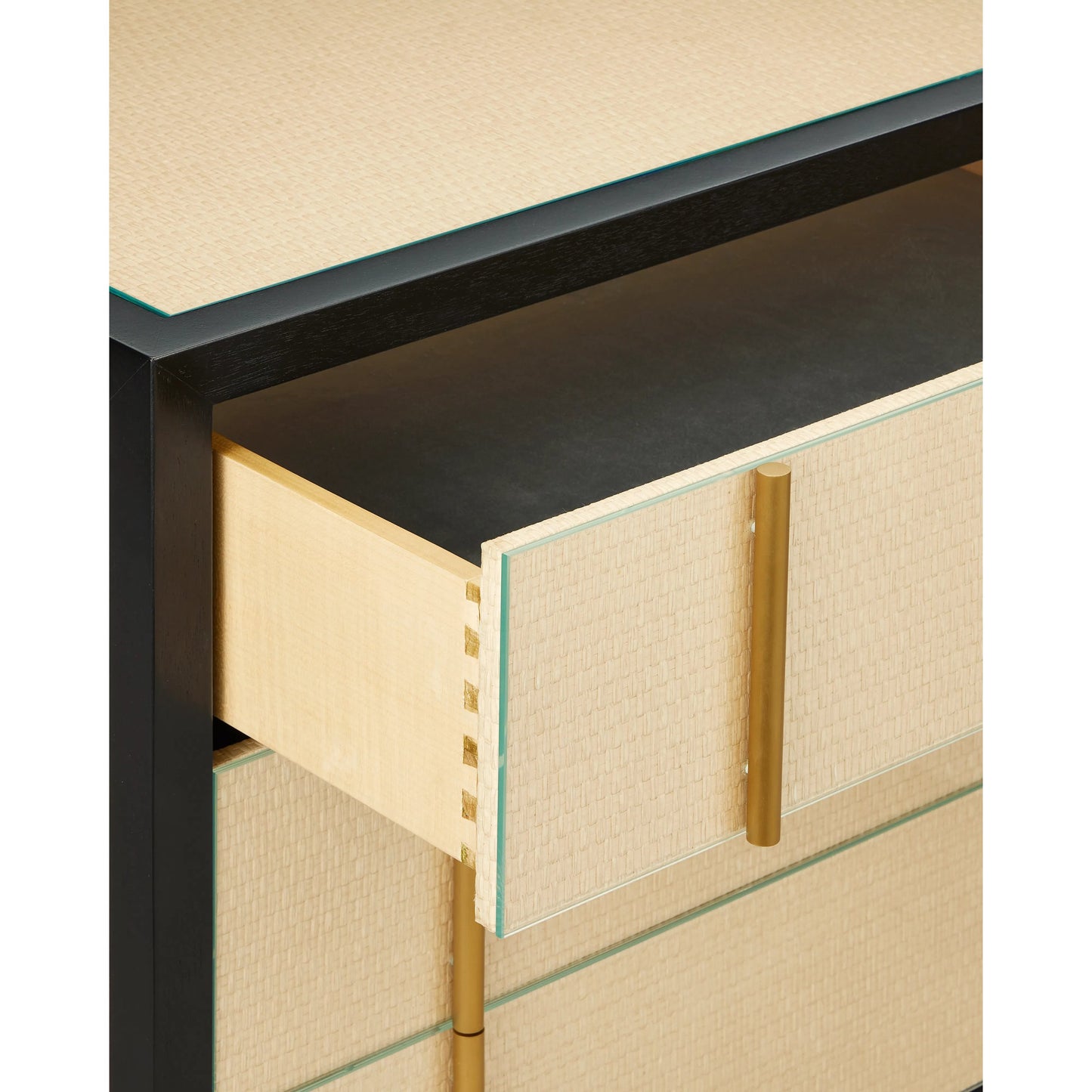 003 SI-2191701 | Additional Silo | Deanna Raffia Nightstand by Currey and Company in ivory, black, brushed brass, natural, dusty blue, clear. Made from raffia, okume veneer, stainless steel, sycamore veneer, tempered glass in a modern style.