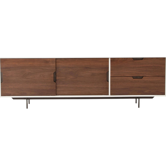 Tucker Media Console by Four Hands in walnut, oil rubbed bronze. Made from walnut veneer, iron in a modern style.