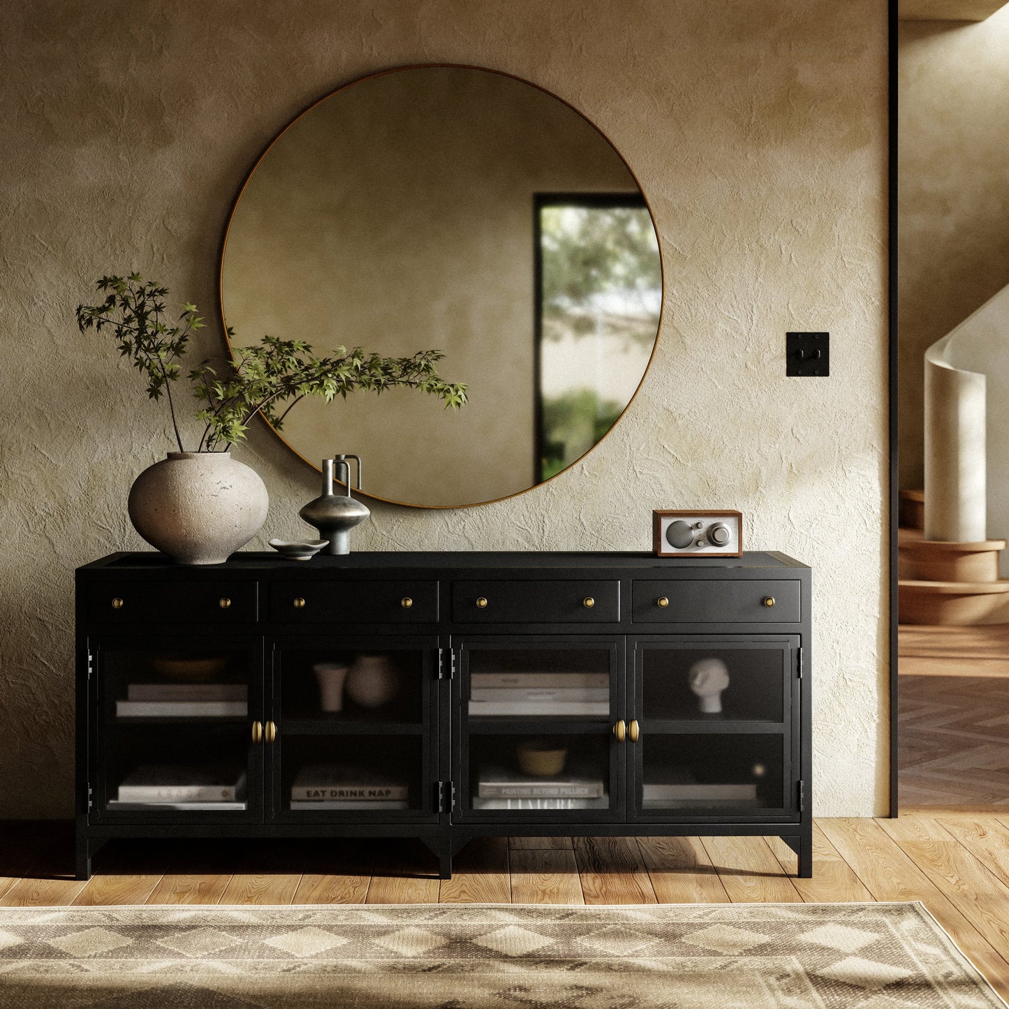 014 S-258369 | Lifestyle | Shadow Box Media Console by Four Hands in black. Made from iron in a modern style.