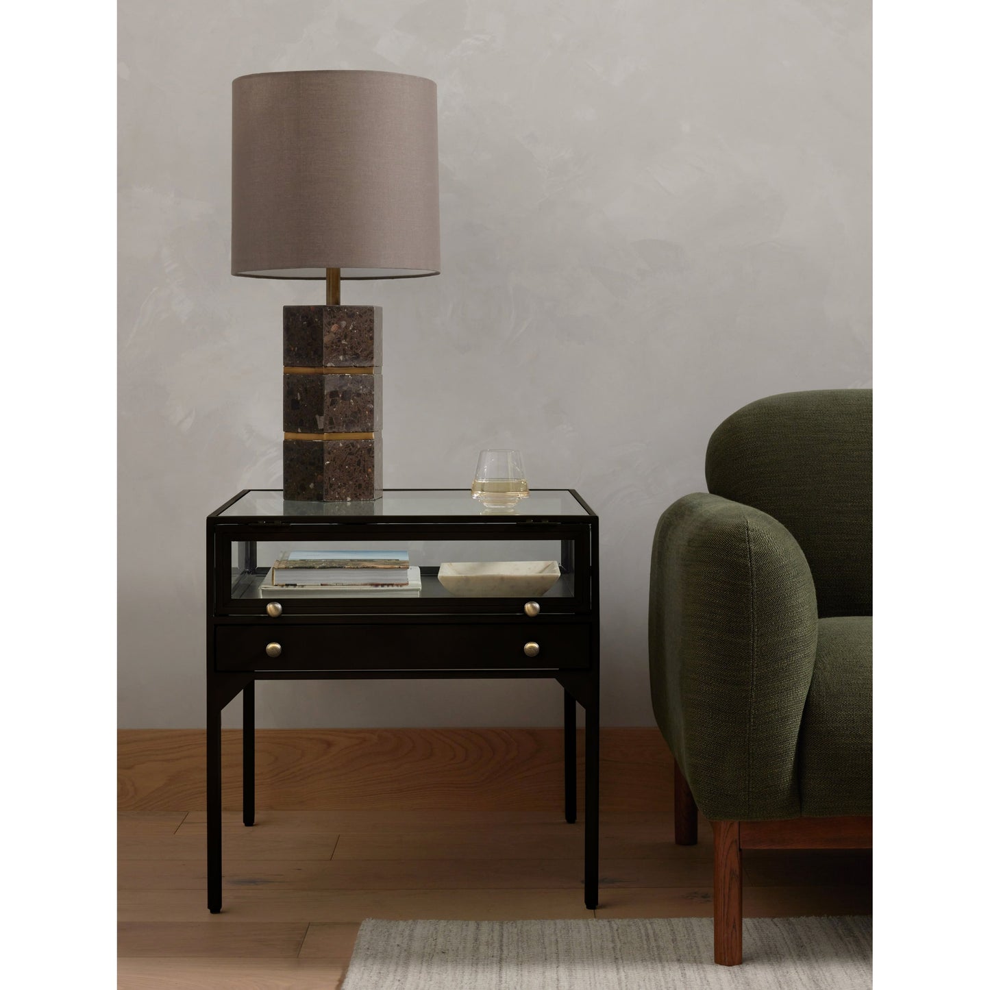 013 SR-369201 | Lifestyle | Shadow Box End Table by Four Hands in black. Made from tempered glass, iron in a modern style.