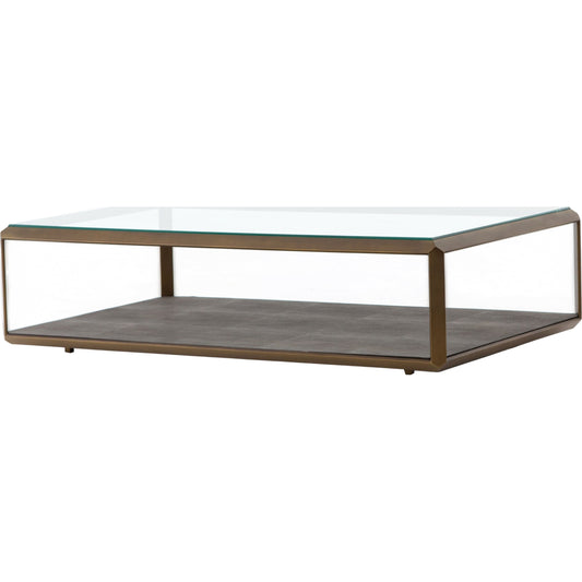 001 SR-369206 | Primary Silo | Shagreen Shadow Box Coffee Table by Four Hands in antique brass, gray shagreen, tempered glass. Made from tempered glass, iron, faux shagreen in a modern style.
