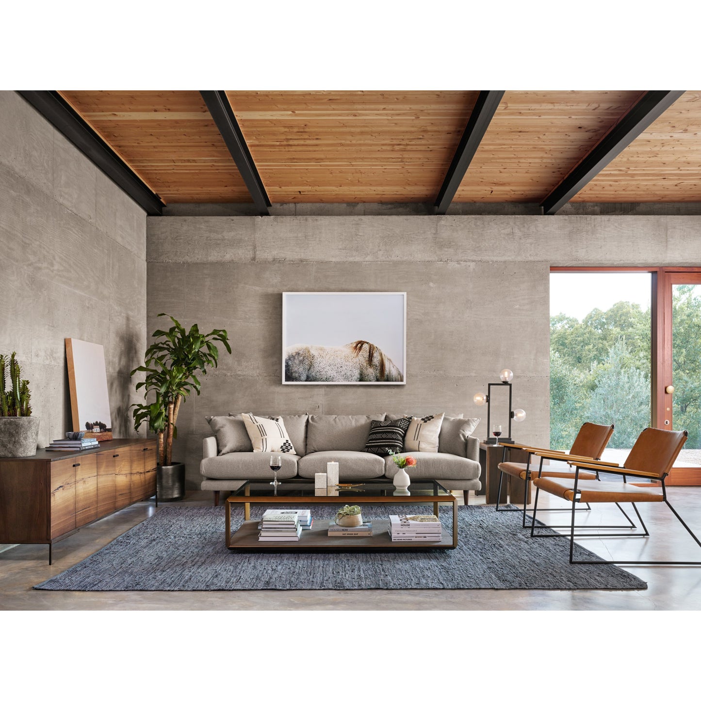 010 SR-369206 | Lifestyle | Shagreen Shadow Box Coffee Table by Four Hands in antique brass, gray shagreen, tempered glass. Made from tempered glass, iron, faux shagreen in a modern style.