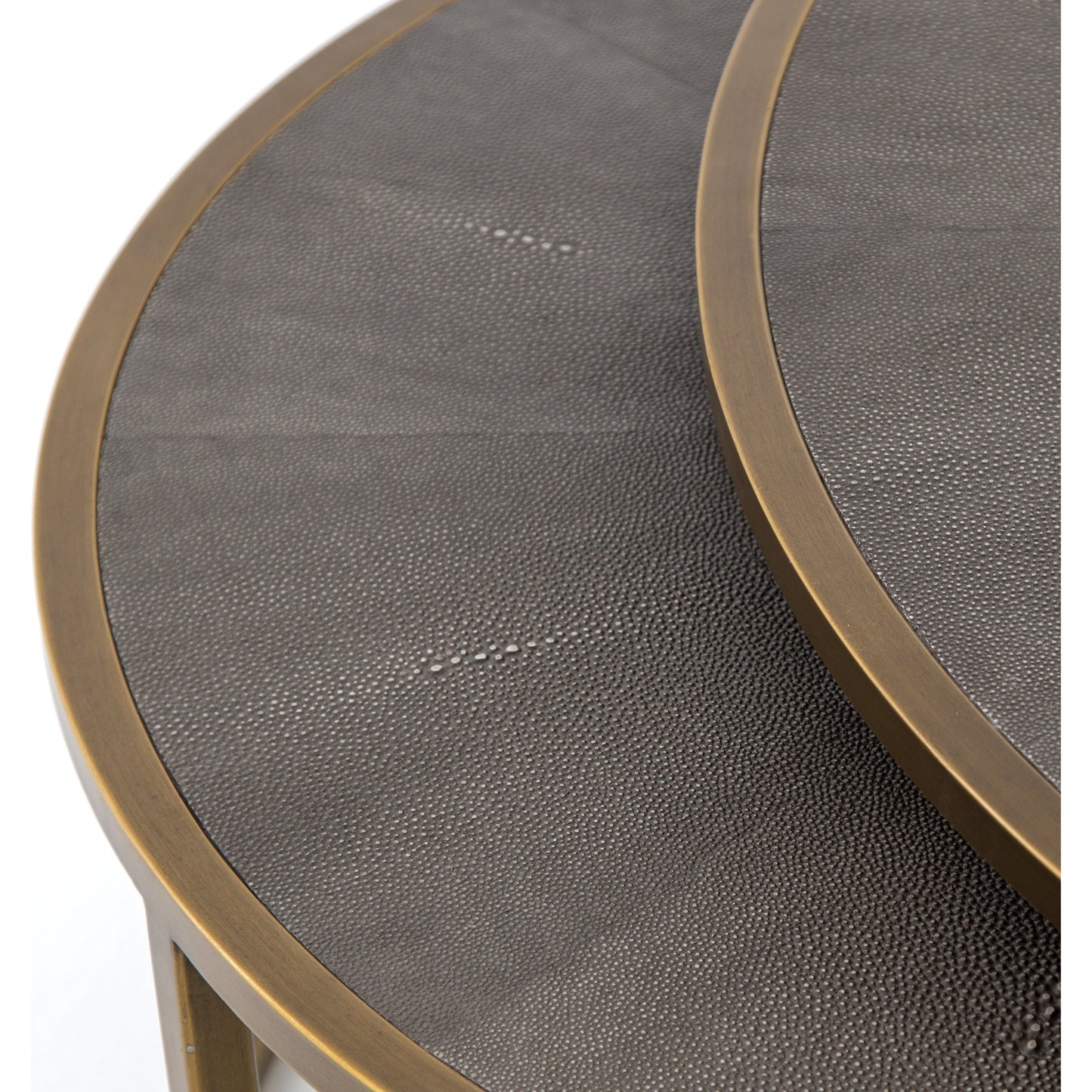 003 S-338940 | Additional Silo | Shagreen Nesting Coffee Table by Four Hands in antique brass, gray shagreen. Made from faux shagreen, iron, engineered hardwood in a transitional style.