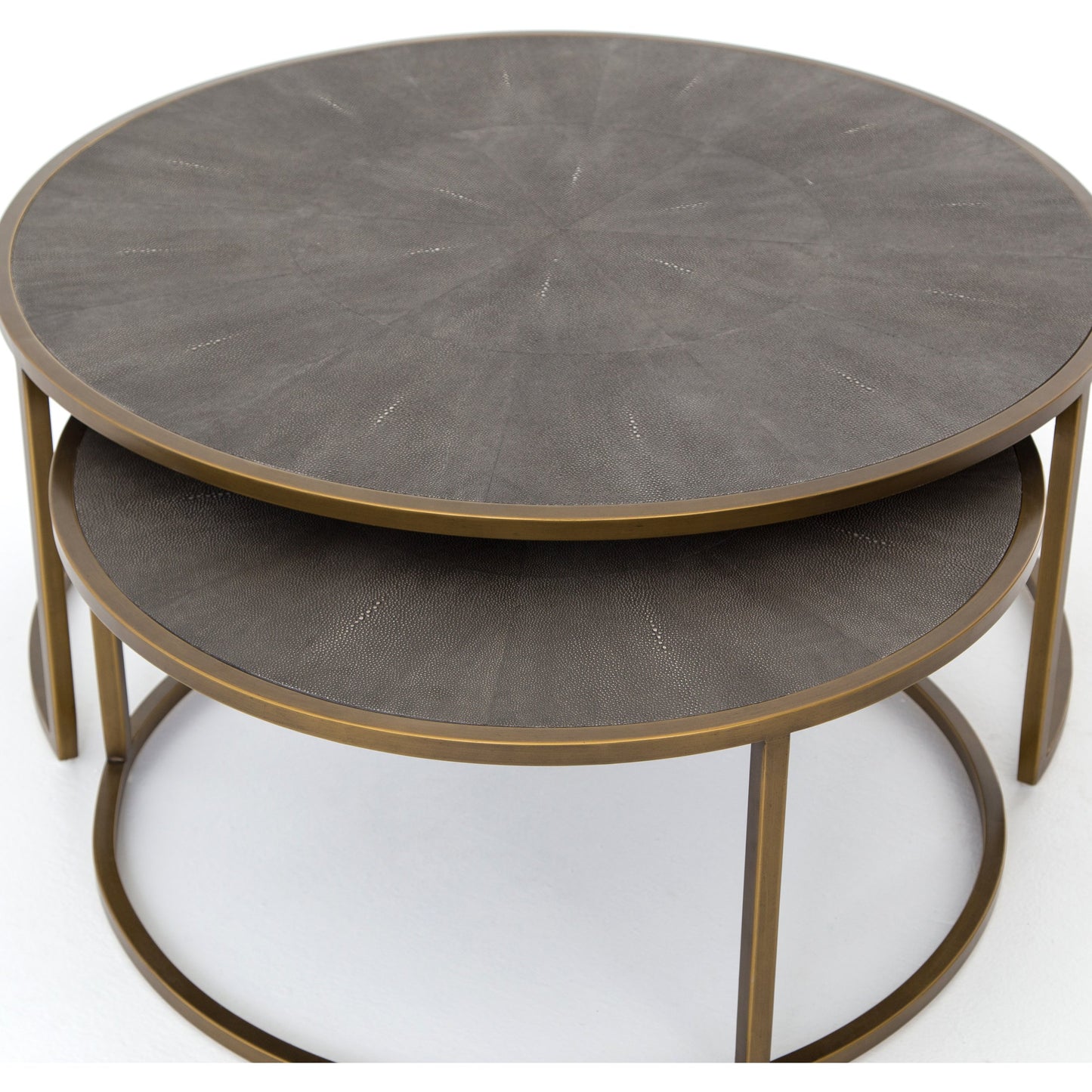 005 S-338940 | Additional Silo | Shagreen Nesting Coffee Table by Four Hands in antique brass, gray shagreen. Made from faux shagreen, iron, engineered hardwood in a transitional style.