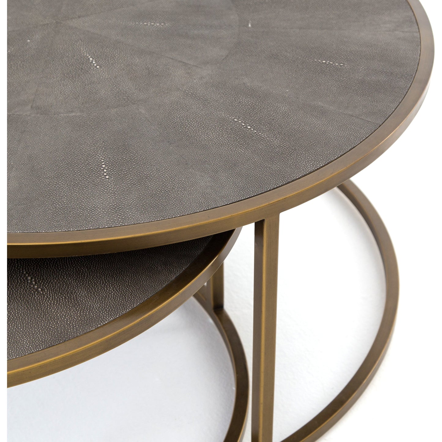006 S-338940 | Additional Silo | Shagreen Nesting Coffee Table by Four Hands in antique brass, gray shagreen. Made from faux shagreen, iron, engineered hardwood in a transitional style.