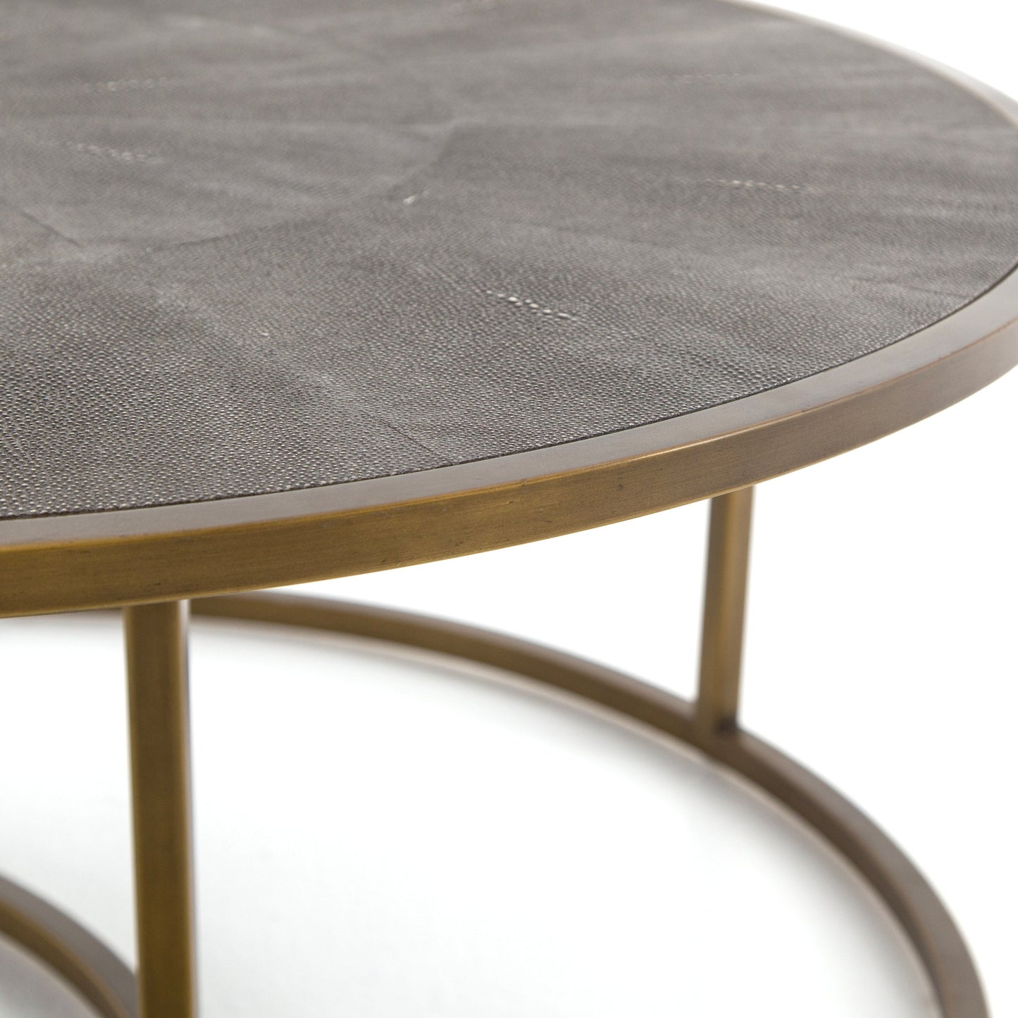 007 S-338940 | Additional Silo | Shagreen Nesting Coffee Table by Four Hands in antique brass, gray shagreen. Made from faux shagreen, iron, engineered hardwood in a transitional style.