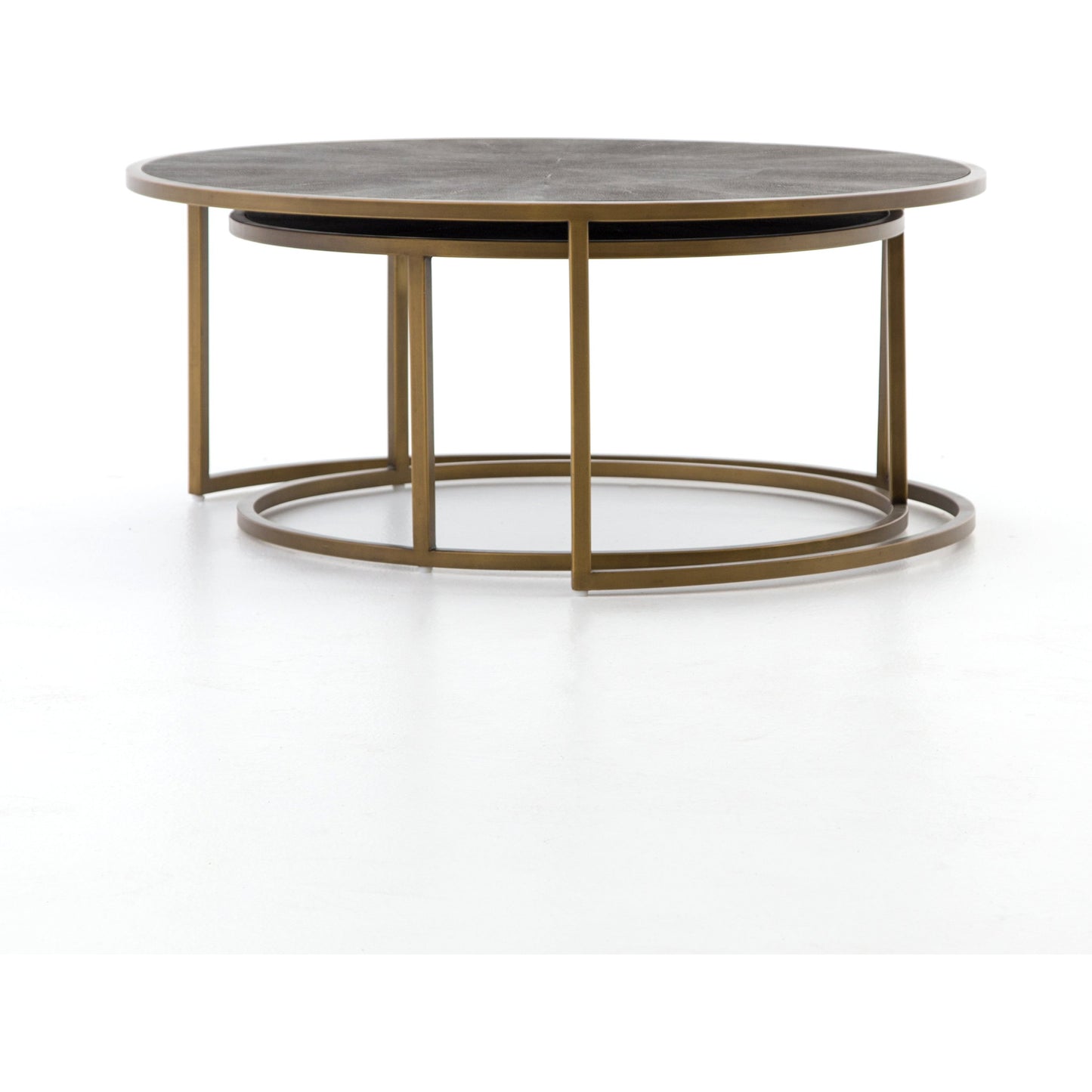 008 S-338940 | Additional Silo | Shagreen Nesting Coffee Table by Four Hands in antique brass, gray shagreen. Made from faux shagreen, iron, engineered hardwood in a transitional style.