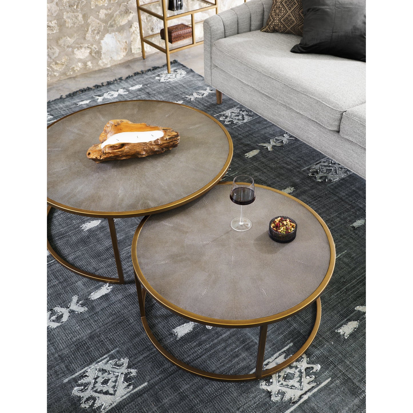 013 S-338940 | Lifestyle | Shagreen Nesting Coffee Table by Four Hands in antique brass, gray shagreen. Made from faux shagreen, iron, engineered hardwood in a transitional style.