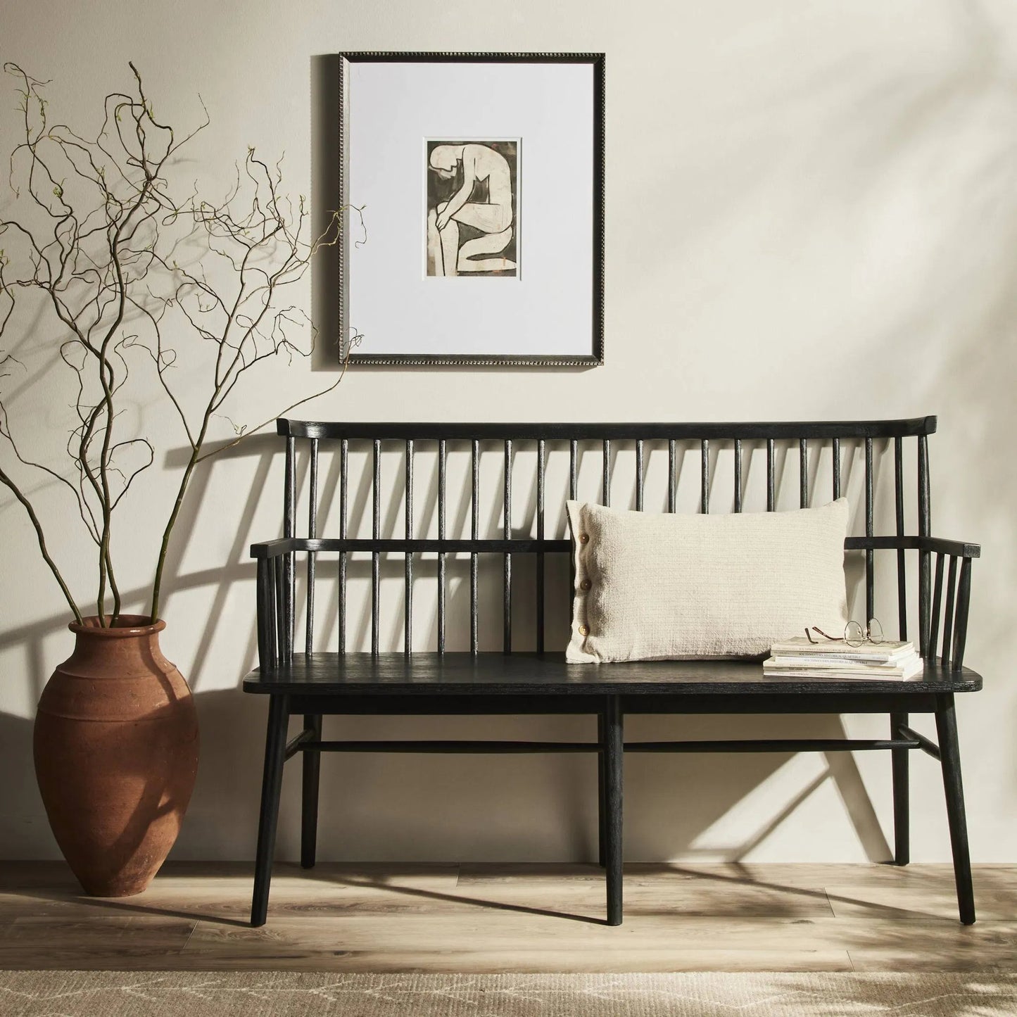 069 SI-1977053 | Lifestyle | Aspen Bench by Four Hands in matte black. Made from solid beech, beech veneer in a cottage & farmhouse style.