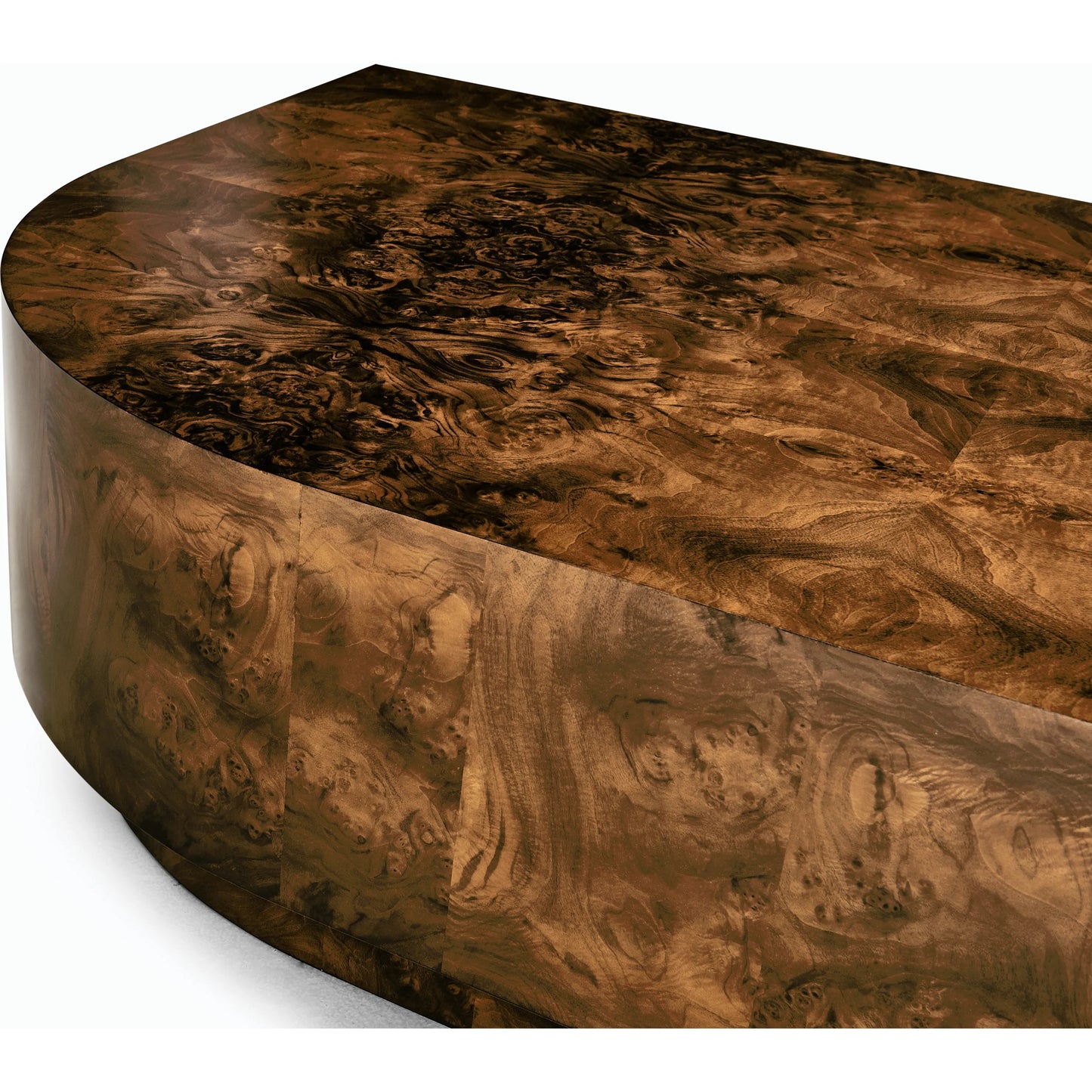 010 SI-2186353 | Closeup | Jacques Radius Cocktail Table by Jonathan Charles in brown and walnut burl. Made from book match walnut burl veneer in a modern style.