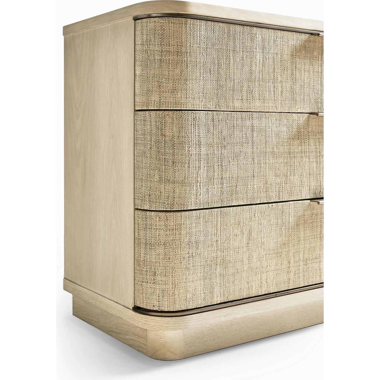 007 SI-2186255 | Closeup | Water Seiche Large Grasscloth Nightstand by Jonathan Charles in whitewash oak. Made from oak, grass cloth, brass in a transitional style.