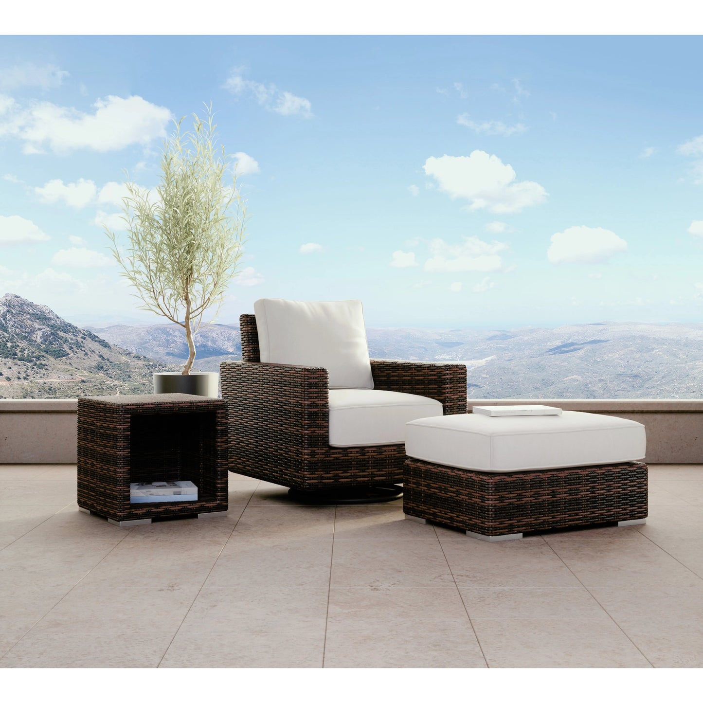 004 SI-2166881 | Lifestyle | Montecito Outdoor End Table by Sunset West in cognac. Made from resin wicker in a modern style.