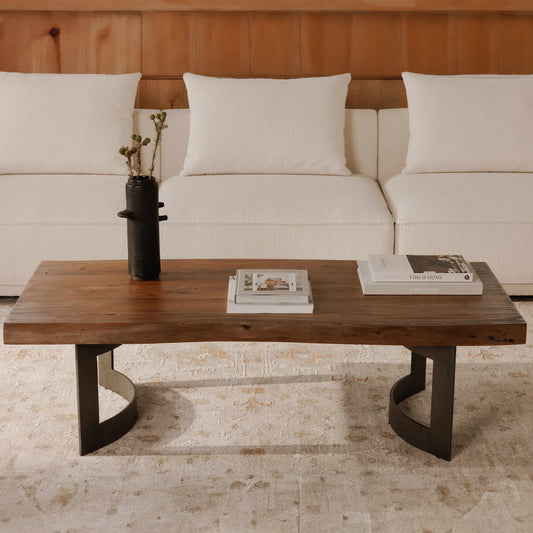 Bent Coffee Table by Moe's Home Collection in brown. Made from solid acacia, iron legs in a modern style.
