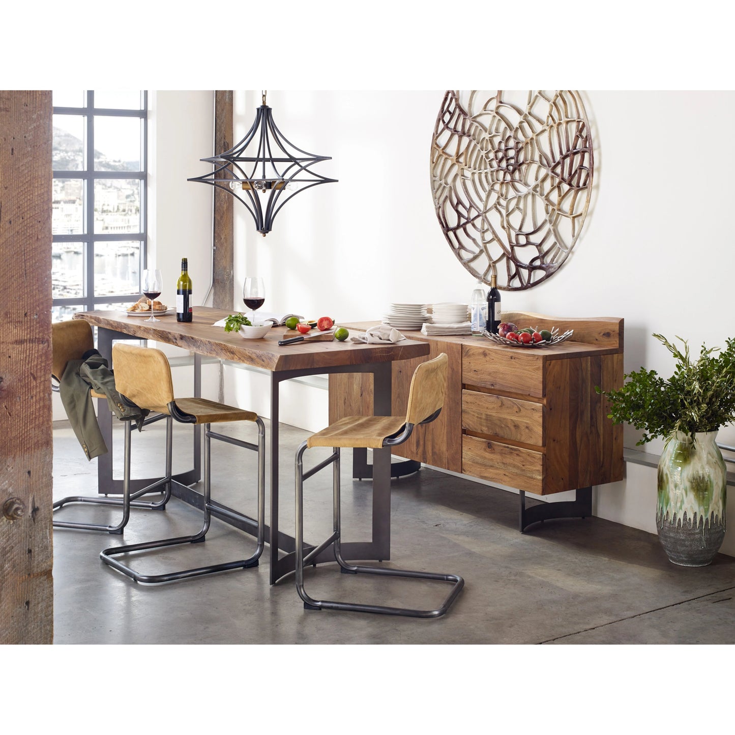 007 SI-2121869 | Lifestyle | Bent Counter Table by Moe's Home Collection in brown. Made from solid acacia, iron base in a modern style.