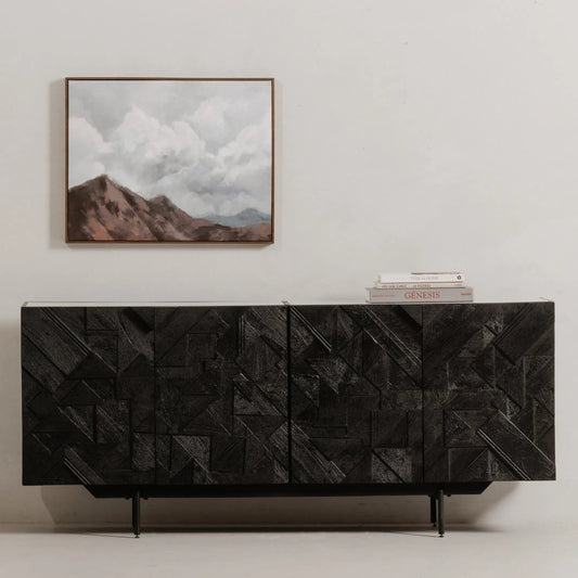 Kattan Sideboard by Moe's Home Collection in black. Made from solid mango, marble top, iron legs, mdf in a modern style.