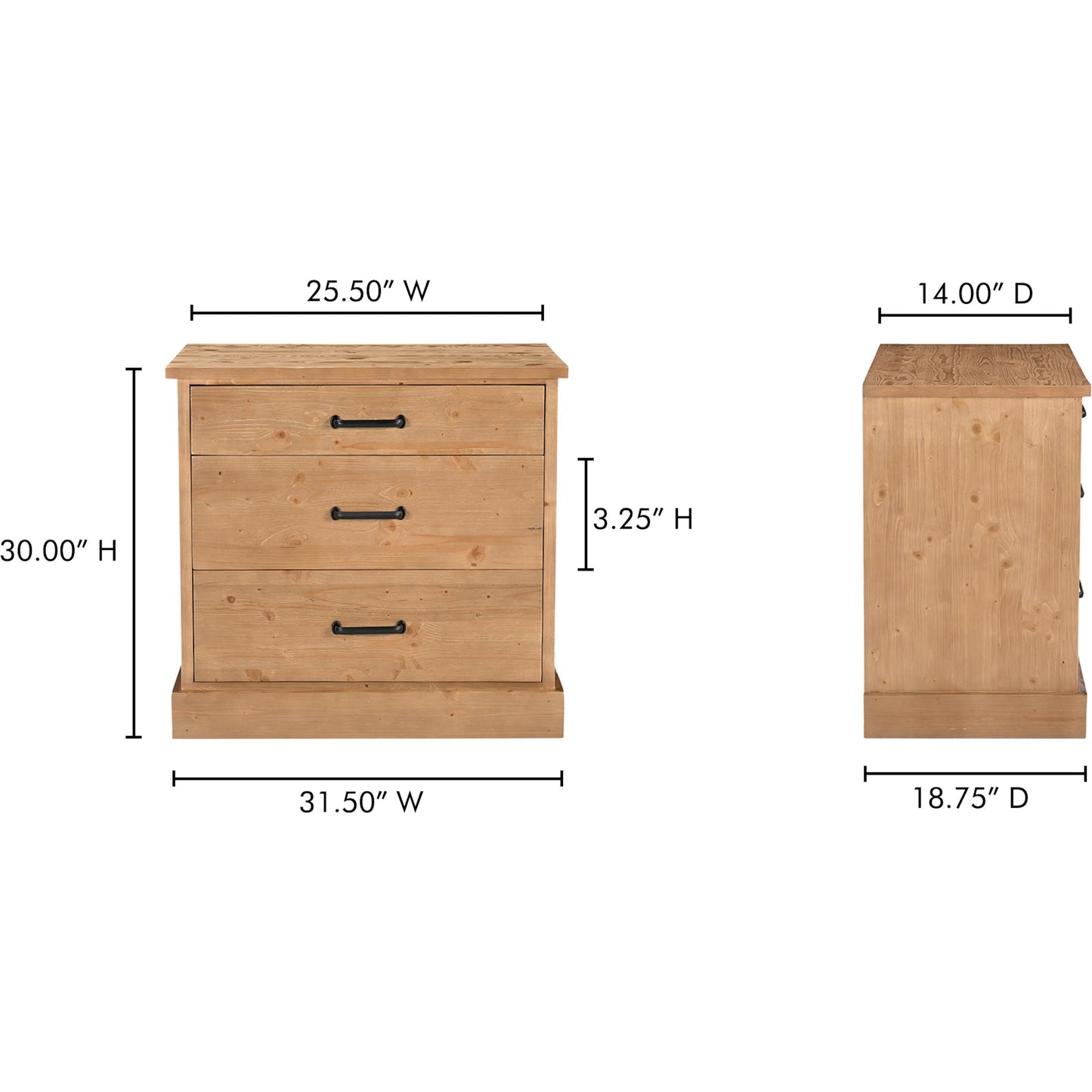 011 SI-2368366 | Lifestyle | Tade 3 Drawer Nightstand by Moe's Home Collection in honey pine. Made from solid pine wood, mdf back in a unique style.