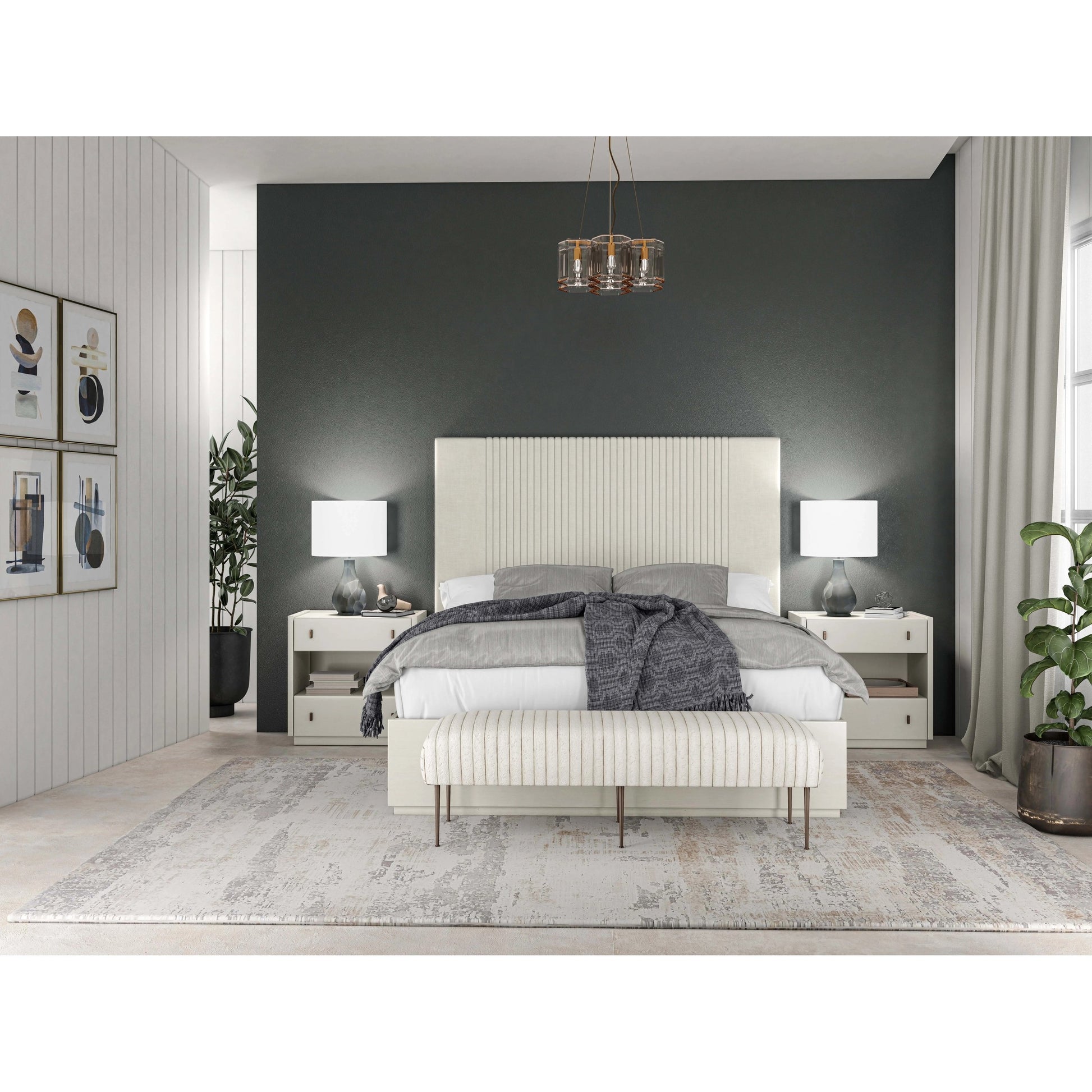 Blanc Upholstered Panel Bed by A.R.T. Furniture in alabaster. Made from parawood solids, maple veneers, foam, fabric in a modern style.
