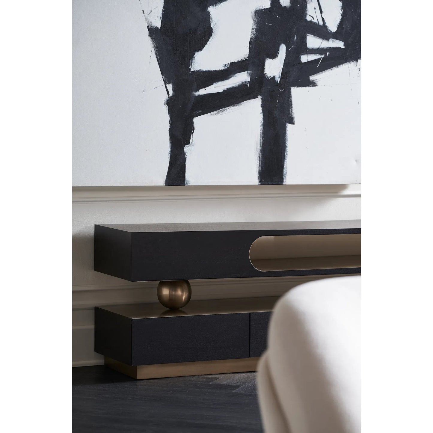 006 SI-2193849 | Lifestyle | Harmony Console Table by Caracole in lucent bronze metallic, modern walnut. Made from poplar, walnut in a modern style.