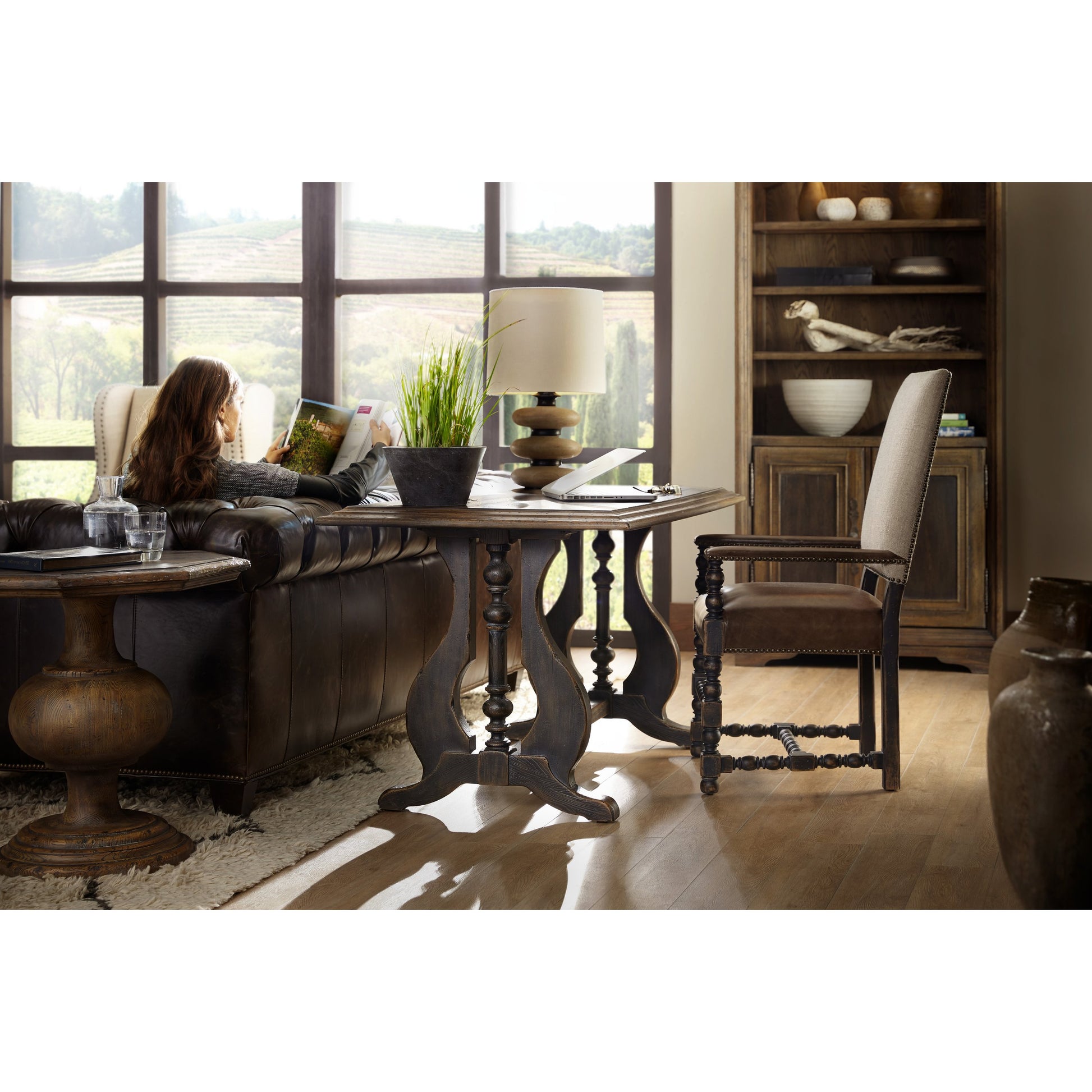 Mason End Table by Hooker Furniture in saddle brown. Made from white oak veneers, resin in a traditional style.